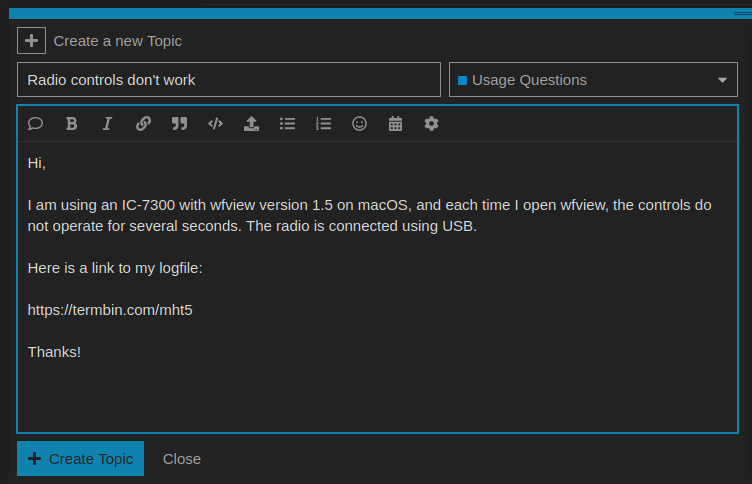 example wfview support forum post with logfile termbin URL