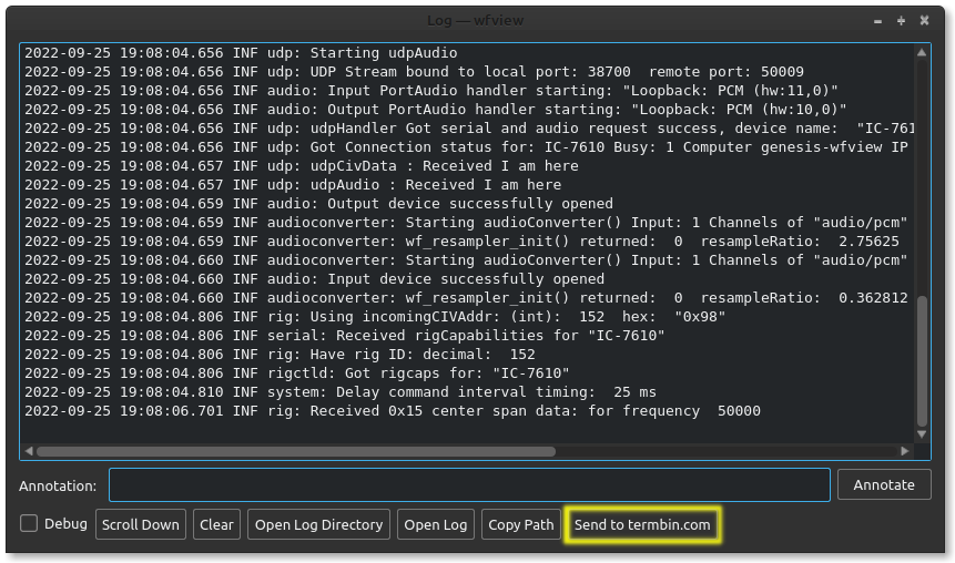 wfview log window with termbin button shown