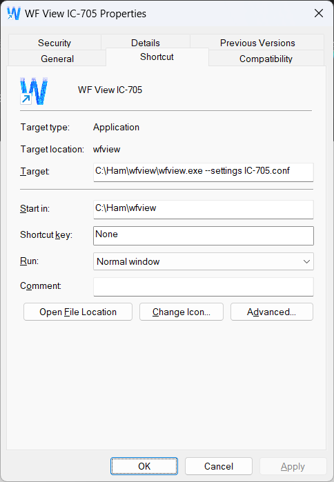 Shortcut for wfview specifying settings parameter under windows.