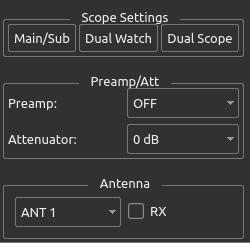 Main/sub, dual watch, dual scope, preamp, attenuator, antenna selection