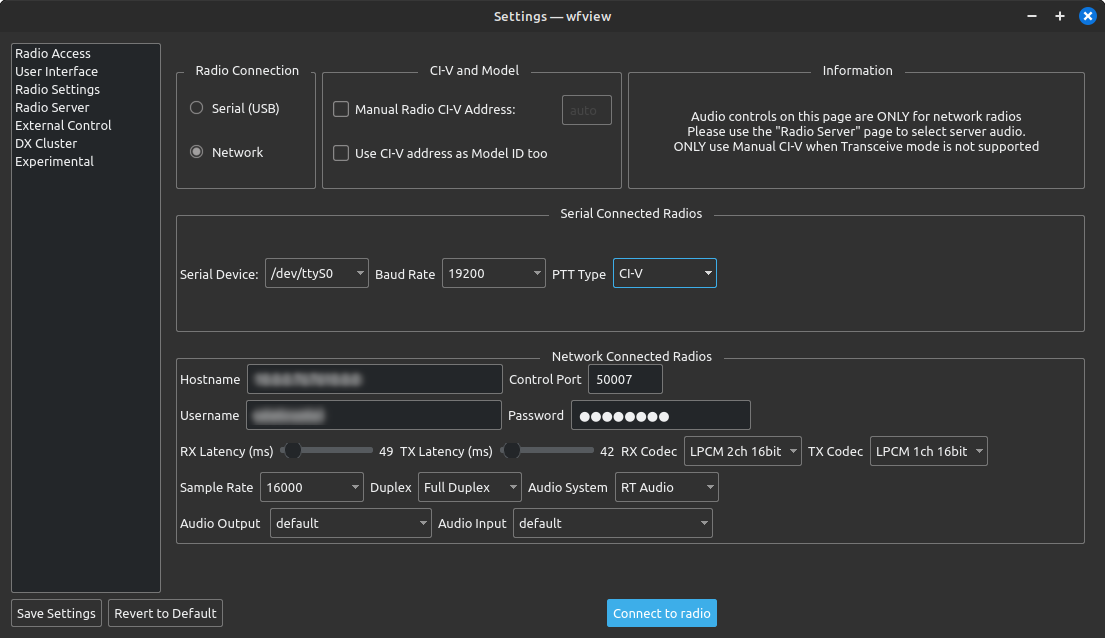 wfview settings for radio access