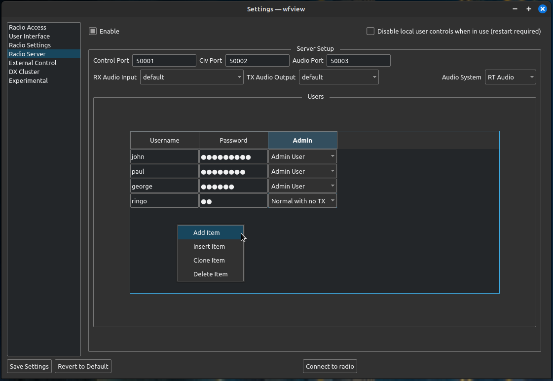 wfview radio server settings